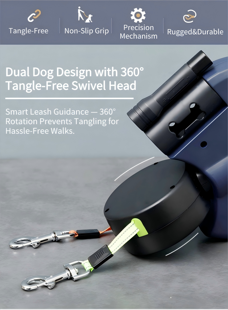 Tangle-Free Dual Dog Leash with 360° Swivel Head – For 2 Small to Medium Dogs (30 lbs)