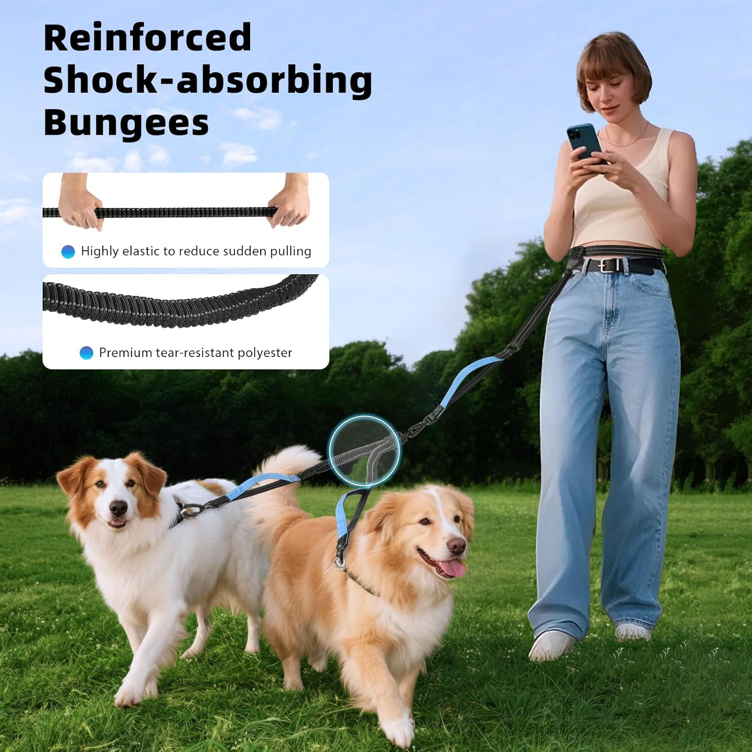 Hands Free & No Tangle Dual Dog Leash for 2 medium to big dogs