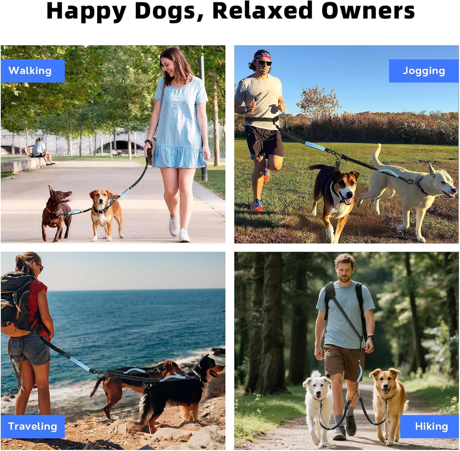 Hands Free & No Tangle Dual Dog Leash for 2 medium to big dogs